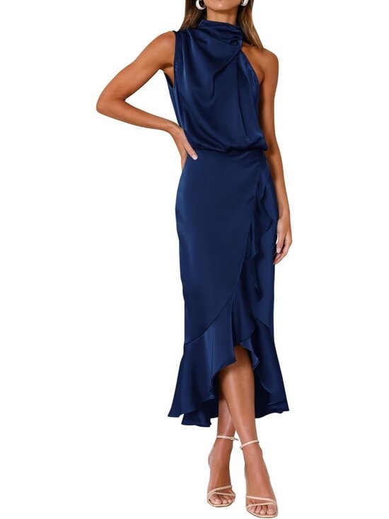 Women Dark Blue Summer Satin Mock Neck Sleeveless Wrap Ruffle Formal Midi Dress